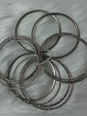 Silver Tone Multi-Textured Bangle Bracelet Set - 14 pack